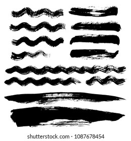 black wave brush strokes vector set background. Artistic lines grunge collection. Set of black grungy hand painted sea brush strokes isolated on white. Abstract ink texture, design elements.