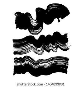 Black wave dirty brush strokes set. Grunge curved hand drawn ink, watercolor lines.