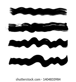 Black wave dirty brush strokes set. Grunge curved hand drawn ink, watercolor lines.