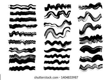 Black wave dirty brush strokes set. Grunge curved hand drawn ink, watercolor lines.
