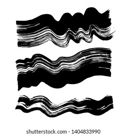 Black wave dirty brush strokes set. Grunge curved hand drawn ink, watercolor lines.