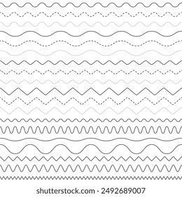 Black wave line and wavy zigzag seamless pattern lines isolated on white background. Vector illustration with editable stroke