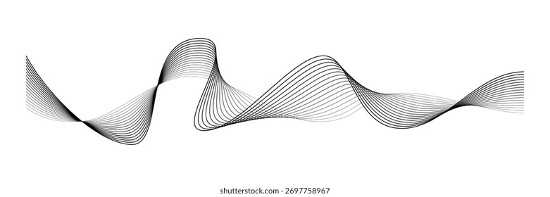 Líneas de onda negras en movimiento curvo dinámico sobre fondo blanco. Forma fluida minimalista con grosor de gradiente suave para un diseño moderno de Anuncio o tecnología. Ilustración vectorial Abstractas.