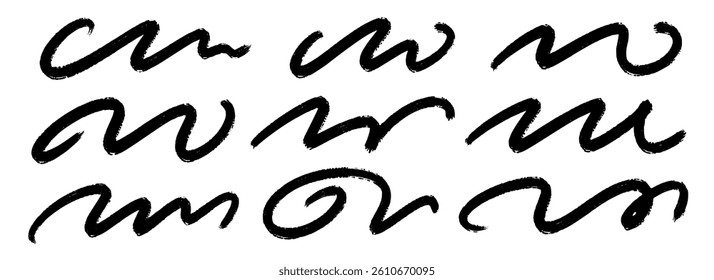 Black wave paint line set. Squiggle sketch brush stroke collection. Rough charcoal curved flourish pack for highlight, underline, emphasis. Swoosh stripe bundle. Hand drawn crayon chalk strips. Vector
