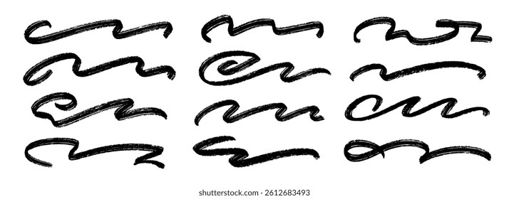 Black wave paint line set. Squiggle sketch brush stroke collection. Charcoal flourish pack for highlight, underline, emphasis. Vector rough scribble swoosh stripe bundle. Handdrawn crayon chalk strips