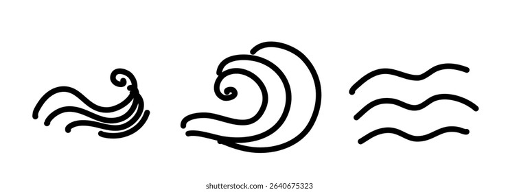 Black wave symbols in minimalistic style. Bold lines and simple shapes create a dynamic representation of water. Ideal for branding, web design, and modern art.
