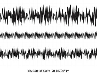 Black waveform sound waves, heart beat rate vector illustration on a white background with light graph lines, ideal for audio visualization, music production, and sound-related design projects. EPS 10