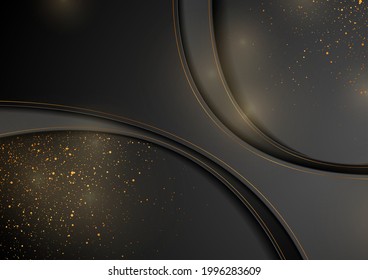 Black waves and golden lines abstract technology background with shiny dots. Vector illustration