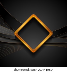 Black waves and golden lines with glossy square abstract background. Vector design