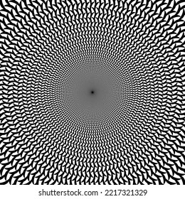 Black waves lines in circle as background. Optical illusion effect.