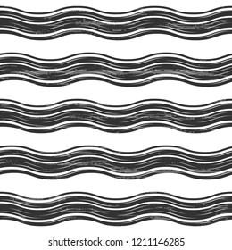 Black waves on white background. Seamless vector pattern with light grunge texture. Abstract wavy design. 