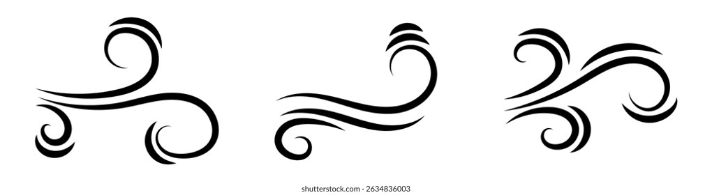 Black waves and splashes of water set. Swirls, curves and flow of liquid clip art. Silhouette of water flows, vector elements on a white background.