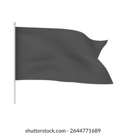 Black waving flag with forked edge template. Empty blank of fabric horizontal canvas for promotion design. Vector 3d mockup. Realistic textile banner, pennants hanging on stand. Flag on flagpole