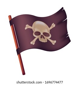 Black waving flag with image of human skull and crossed bones. Vector illustration of torn pirate banner on a wooden stick isolated on white background