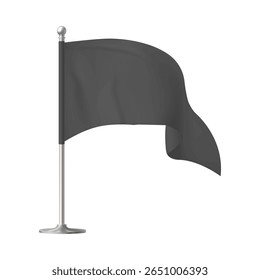 Black waving flag on flagpole template. Pennants hanging on stand. Vector 3d mockup. Fabric horizontal canvas for promotion design. Realistic textile advertising banner
