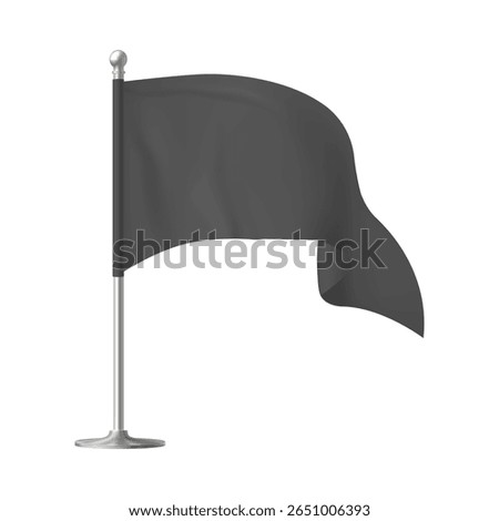 Black waving flag on flagpole template. Pennants hanging on stand. Vector 3d mockup. Fabric horizontal canvas for promotion design. Realistic textile advertising banner