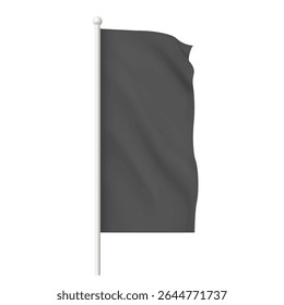 Black waving flag template. Clean fabric vertical canvas for promotion design. Empty blank of flag on flagpole. Vector 3d mockup. Realistic textile advertising banner, pennants hanging on stick