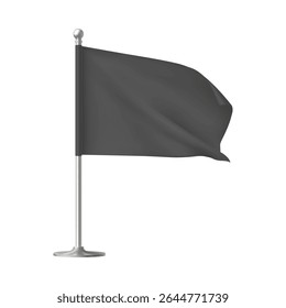 Black waving flag template. Clean fabric horizontal canvas for promotion design. Vector 3d mockup. Realistic textile advertising banner, pennants hanging on stand. Empty blank of flag on flagpole