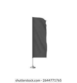 Black waving flag template. Clean fabric vertical canvas for promotion design. Empty blank of flag on flagpole. Realistic textile advertising banner, pennants hanging on metal stand. Vector 3d mockup