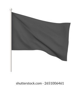 Black waving flag template. Vector 3d mockup. Clean fabric horizontal canvas for promotion design. Realistic textile advertising banner, pennants hanging on stand. Empty blank of flag on flagpole