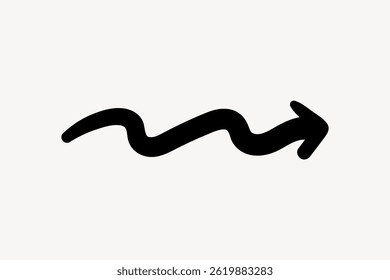Black wavy arrow on a light background. Wavy arrow pointing right. Simple wavy arrow design. Bold wavy for direction. Doodle arrow vector.