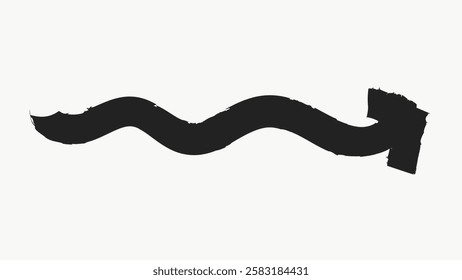 Black wavy arrow on a white background. The arrow is thick and curvy, with a bold, artistic style. The wavy arrow points to the right, creating a dynamic look. Black doodle arrow illustration vector.