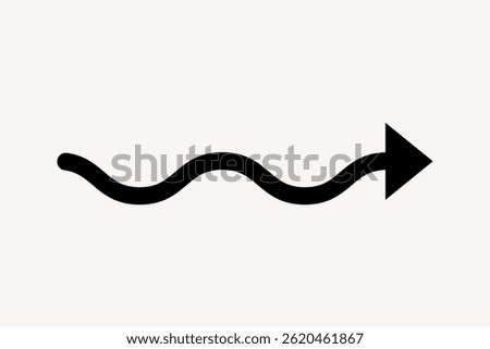 Black wavy arrow on a white background. The arrow is wavy, creating a dynamic, flowing effect. Simple, bold design with a wavy arrow shape. Arrow vector graphic.
