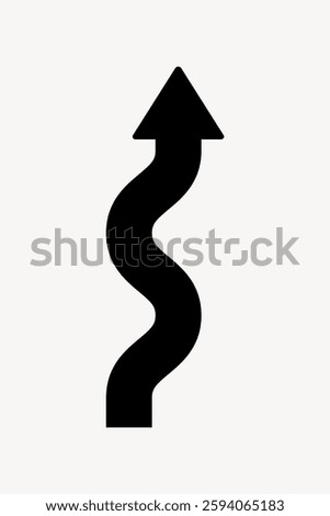 Black wavy arrow pointing upwards on a white background. The arrow has a curvy, zigzag shape, symbolizing direction, movement, and progress. Isolated vector element.