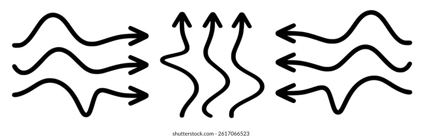 Black wavy arrows pointing left right and upward movement hand drawn illustration