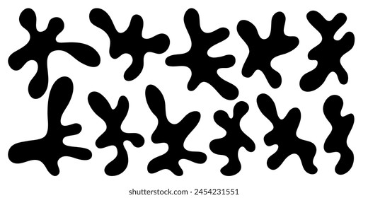 Black wavy blobs. Black blotch irregular form vector illustration.Collection of black silhouette liquid shapes isolated on white background. Set of abstract black organic shaped blobs.