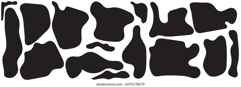 Black wavy blobs. Set of abstract black organic shaped blobs. Collection of black silhouette liquid shapes isolated on white background. Black blotch irregular form vector illustration. 
