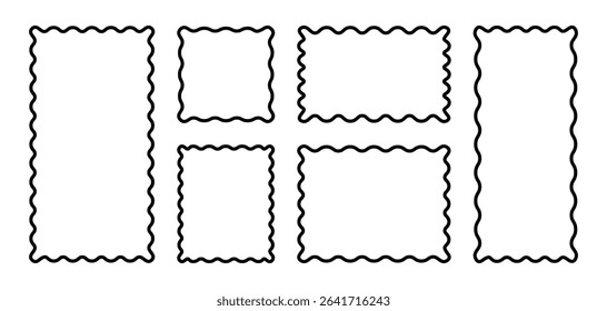 Black wavy border set. Outlined rectangular and square frames with corrugated edges on white background.