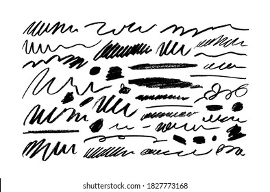 Schwarze Pinsel streichelt Vektorgrafik. Dirty gebogene Linien und gewellte Pinselstriche. Tintenfisch-Stift oder Bleistift-Illustration einzeln auf weißem Hintergrund. Moderne Grunge-Linien. Kalligraphieabstriche, Punkte.