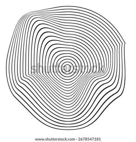 Black wavy concentric circles isolated on white background. Pulse, sound or ripple icons. Topographic sign. Dynamic, motion or flow symbol. Trendy cyber shapes. Vector graphic illustration.