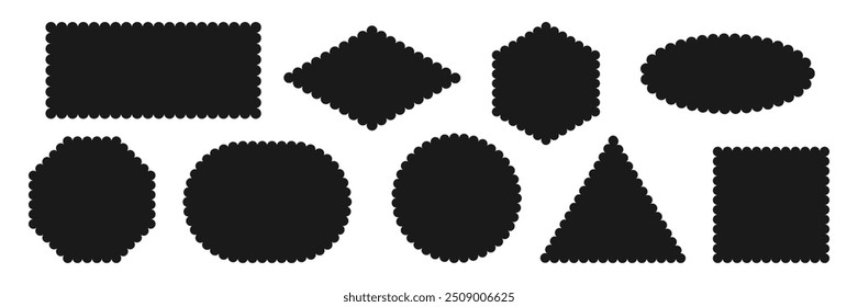 Black wavy edge Geometric shapes. Scalloped frame icon. Rectangle Ellipse triangle rhombus Box. Simple blank Tag Label Stamp mark Badge element for design