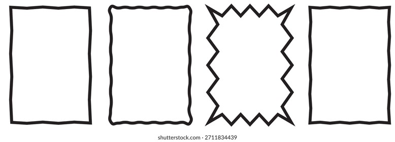 Black wavy frame borders for creative designs. Set of four pastel wavy rectangular frames in black perfect for notes, labels, invitations, and playful graphic layouts.
