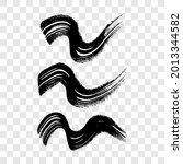 Black wavy grunge brush strokes. Set of three painted ink stripes. Ink spot isolated on transparent background. Vector illustration