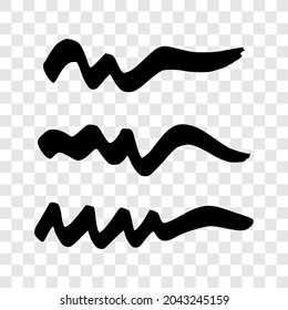 Black wavy grunge brush strokes. Set of three painted ink stripes. Ink spot isolated on transparent background. Vector illustration