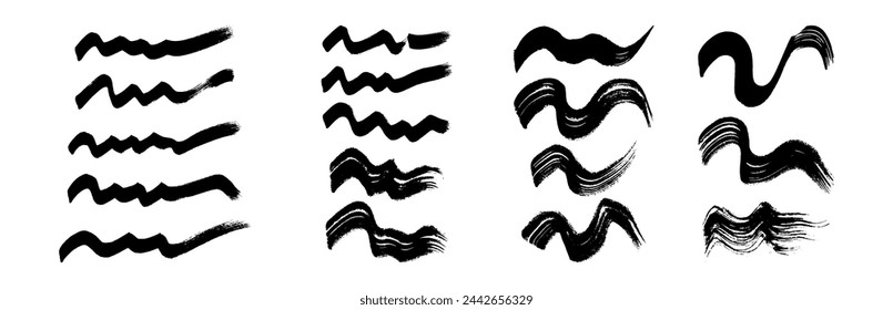 Black wavy grunge brush strokes. Set of painted ink stripes. Ink spot isolated on white background. Vector illustration