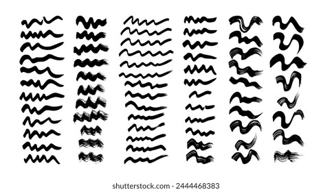 Black wavy grunge brush strokes. Big set of painted ink stripes. Ink spot isolated on white background. Vector illustration