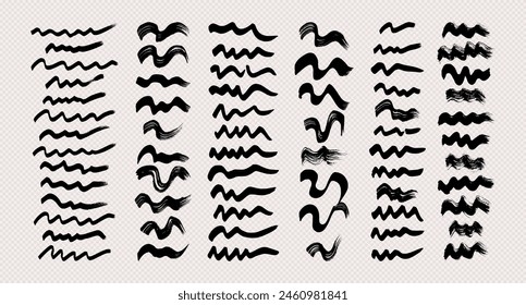 Black wavy grunge brush strokes. Big set of painted ink stripes. Ink spot isolated on transparent background. Vector illustration