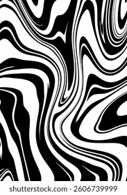 Black wavy lines abstract background. Trendy psychedelic retro style banner.  Waves, swirl and twirl pattern. 