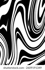 Black wavy lines abstract background. Trendy psychedelic retro style banner.  Waves, swirl and twirl pattern. 