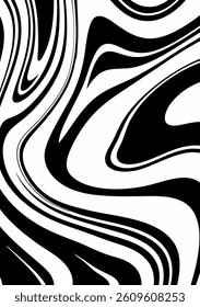 Black wavy lines abstract background. Trendy psychedelic retro style banner.  Waves, swirl and twirl pattern. 