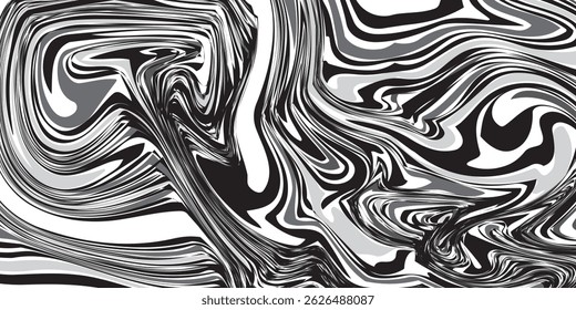 black wavy lines abstract background. Trendy psychedelic retro style backdrop. Waves, swirl and twirl pattern. Twisted distorted vector texture. Y2k aesthetic design. vector