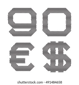 Black wavy lines nine, zero numbers, euro and dollar sign. Stripy font.