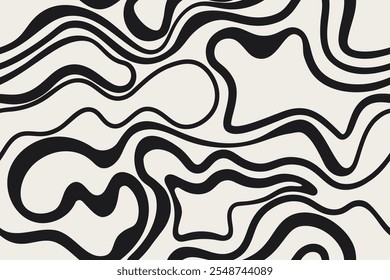 Linhas onduladas pretas em um plano de fundo claro. Padrão contínuo abstrato moderno psicodélico fundo em estilo plano. O efeito ótico da ilusão do movimento de ondas, vórtices. Textura vetorial