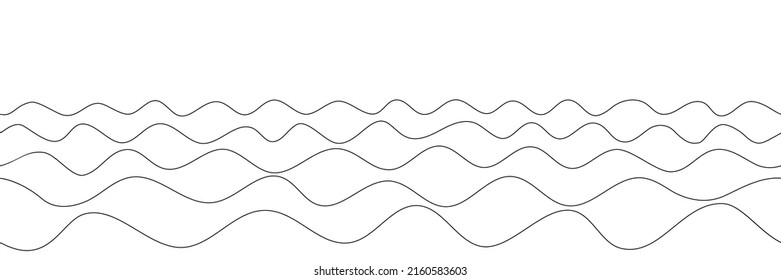 Black wavy lines on a white background. Vector drawing of waves on the sea, ripples, seamless border.