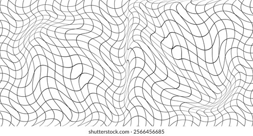 Black wavy lines pattern on white background. Abstract wavy 3d mesh on a white background. Handwritten Lines and strokes in different styles. Geometric dynamic wave. Vector illustration