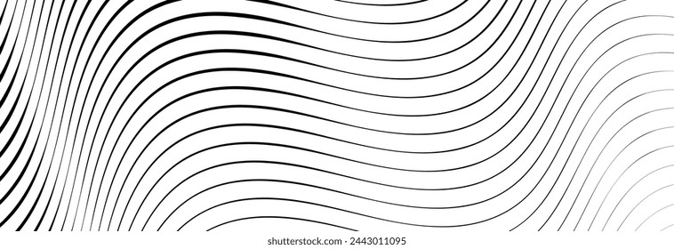 Black wavy lines that go from thin to thick. Striped waves drawn in ink. Abstract geometric background with monochrome water surface texture. Vector illustration of diagonal curved lines.
